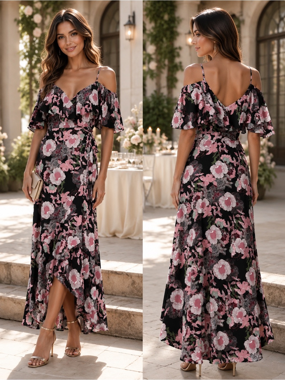 Lulu's Fully Bloomed Black Pink Floral Off-the-Shoulder Maxi Wrap Dress Large